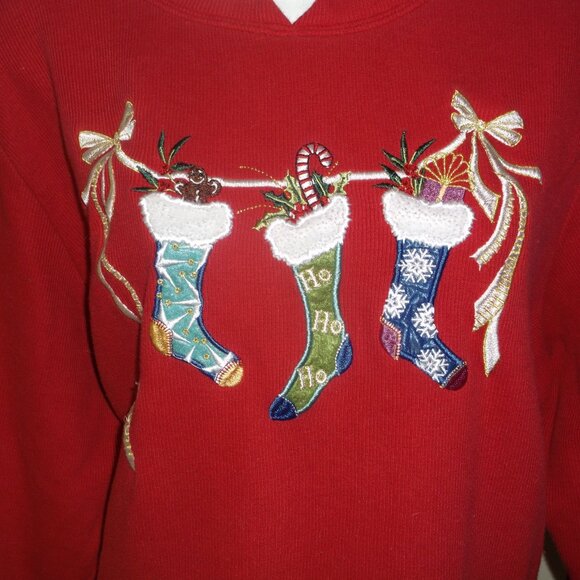 Vintage WHITE STAG embroidered Christmas Sweat Shirt STOCKINGS Women's Size XL - Picture 2 of 9